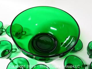 M-C Green Glass Punch Bowl; matching glass pedestal and 11 matching cups