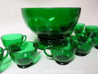 M-C Green Glass Punch Bowl; matching glass pedestal and 11 matching cups