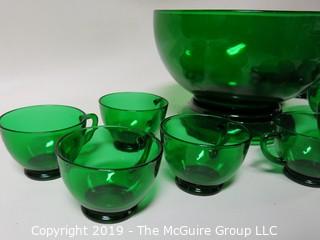 M-C Green Glass Punch Bowl; matching glass pedestal and 11 matching cups