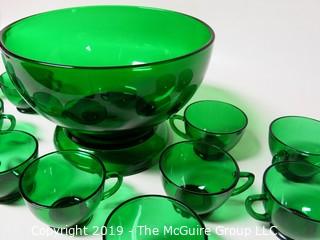 M-C Green Glass Punch Bowl; matching glass pedestal and 11 matching cups