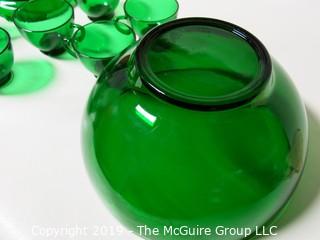 M-C Green Glass Punch Bowl; matching glass pedestal and 11 matching cups