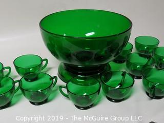 M-C Green Glass Punch Bowl; matching glass pedestal and 11 matching cups