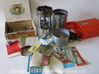 Collection including camp stove, car operated compressor and transistors 