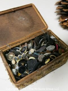 One very large pine cone; marble ash tray, box of buttons and signed ceramic pottery bowl