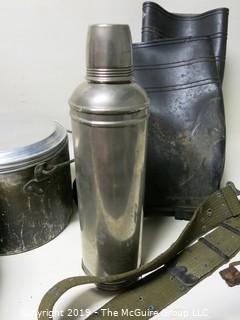 Collection including camp cooking set, an American Thermos Company Thermos, pair of XL Tingley galoshes and pair of 10/44 Wellies style boots; made in Israel 