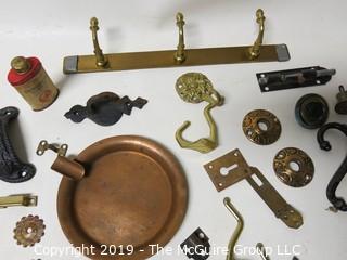 Assortment including M-C Copper Ashtray, denture powder and door hardware  