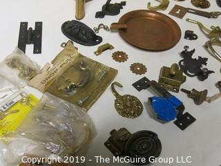 Assortment including M-C Copper Ashtray, denture powder and door hardware  