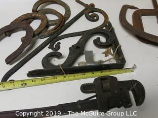 Misc: Early Monkey Wrench; Horseshoes; Ice Tongs; Iron Scroll Work 