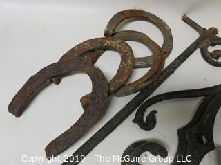 Misc: Early Monkey Wrench; Horseshoes; Ice Tongs; Iron Scroll Work 