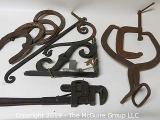 Misc: Early Monkey Wrench; Horseshoes; Ice Tongs; Iron Scroll Work 