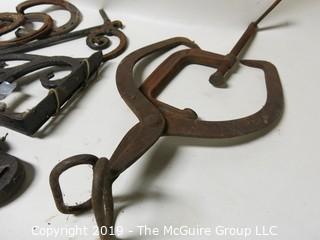 Misc: Early Monkey Wrench; Horseshoes; Ice Tongs; Iron Scroll Work 