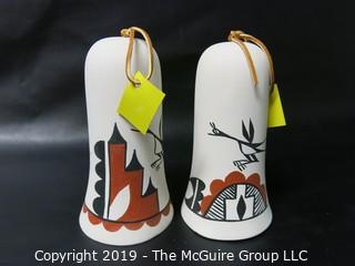 Pair of NOS ceramic bells; hand painted and finished by Zia Indians, New Mexico