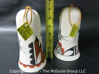 Pair of NOS ceramic bells; hand painted and finished by Zia Indians, New Mexico