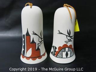 Pair of NOS ceramic bells; hand painted and finished by Zia Indians, New Mexico