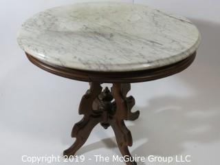 Furniture: Vintage: Antique: Eastlake Pedestal Carved Table ROUND white marble; top is 24 x 29"