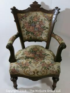 Furniture: Vintage: Antique: EastLake Vict5orian Carved Embroidered Arm Chair; 22W x 27D x 41"T