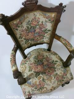 Furniture: Vintage: Antique: EastLake Vict5orian Carved Embroidered Arm Chair; 22W x 27D x 41"T