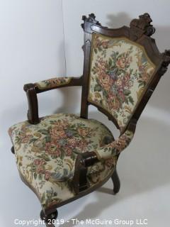 Furniture: Vintage: Antique: EastLake Vict5orian Carved Embroidered Arm Chair; 22W x 27D x 41"T