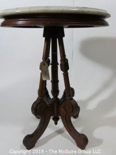 Furniture: Vintage: Antique: Eastlake Pedestal Carved Table; Oval; White marble; 18 x 22" top x 29"T