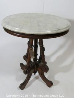 Furniture: Vintage: Antique: Eastlake Pedestal Carved Table; Oval; White marble; 18 x 22" top x 29"T