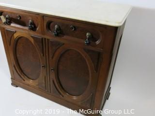 Furniture: Vintage: Antique: Sideboard: White Marble Top, 2-drawers, 2 lower shelves; 42W x 18D x 36"T; (similar pulls to lot#135)