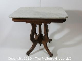 Furniture: Vintage: Antique: Eastlake Pedestal Carved Table w/Rectangular White Marble Top; 28W x 20D x 30"T