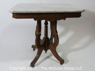 Furniture: Vintage: Antique: Eastlake Pedestal Carved Table w/Rectangular White Marble Top; 28W x 20D x 30"T