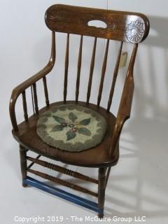 Furniture: Vintage: Antique: Carved Back Spindle Arm Chair w/pad  (needs stabilizing); 22W x 18 1/2D x 36"T