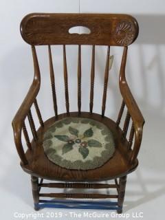 Furniture: Vintage: Antique: Carved Back Spindle Arm Chair w/pad  (needs stabilizing); 22W x 18 1/2D x 36"T