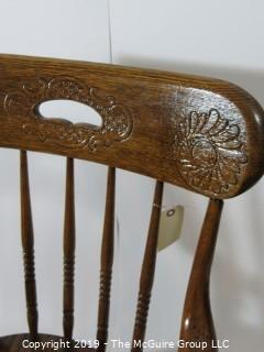 Furniture: Vintage: Antique: Carved Back Spindle Arm Chair w/pad  (needs stabilizing); 22W x 18 1/2D x 36"T