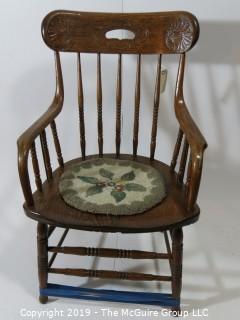 Furniture: Vintage: Antique: Carved Back Spindle Arm Chair w/pad  (needs stabilizing); 22W x 18 1/2D x 36"T