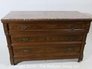 Furniture: Vintage: Antique: 3 Drawer Marble Top Chest; Excellent Veneers; 45 x 21 x 28 1/2"T