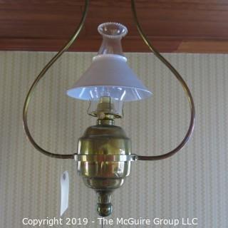 Lighting: Vintage: Electrified: Kerosene Lamp: Brass Base w/ white conical shade