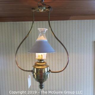 Lighting: Vintage: Electrified: Kerosene Lamp: Brass Base w/ white conical shade