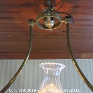 Lighting: Vintage: Electrified: Kerosene Lamp: Brass Base w/ white conical shade