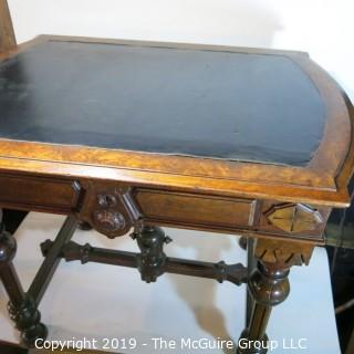 Furniture: Vintage: Antique: EastLake Pedestal Carved Writing Table w/Black Leather Surface and 1 Drawer