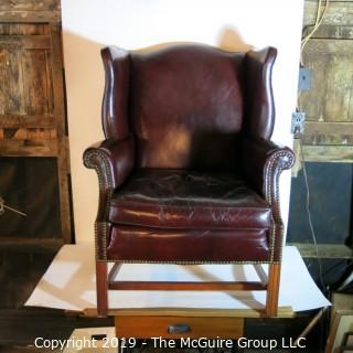 Furniture: Vintage: Antique: HEAVY Leather Office Arm Chair Burgundy Leather (cracked leather)