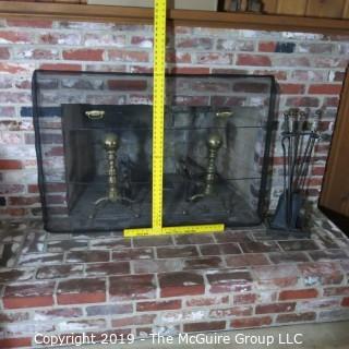 Furniture: Vintage: Antique: Fireplace Items: Andirons, Screen, Tool Set; 51W 8D x 33"T