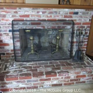 Furniture: Vintage: Antique: Fireplace Items: Andirons, Screen, Tool Set; 51W 8D x 33"T