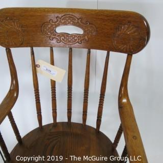 Furniture: Vintage: Antique: Arm Chair: Spindle: Embossed Wood; 21W x 18D x 36"T