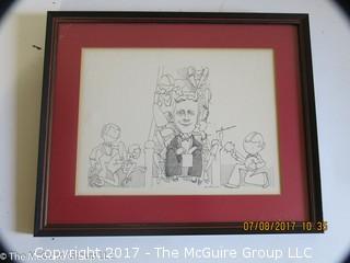 Framed cartoon of scribe; 11 1/4 x 14 1/2