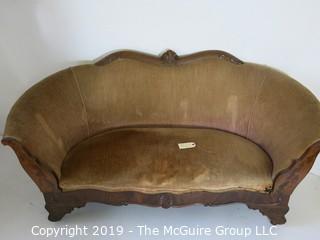 Furniture: Vintage: Antique: Victorian Velvet Sofa/Settee with Floral and Acanthus Carved Top; Flame veneers; 66W x 26D x 33"T