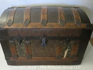 Furniture: Vintage: Antique: Victorian Camel-back Tin Tooled Trunk on Rollers; 30W x 16 1/2D x 20"T