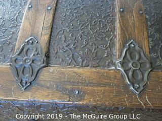 Furniture: Vintage: Antique: Victorian Camel-back Tin Tooled Trunk on Rollers; 30W x 16 1/2D x 20"T