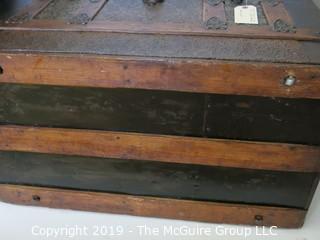 Furniture: Vintage: Antique: Victorian Camel-back Tin Tooled Trunk on Rollers; 30W x 16 1/2D x 20"T