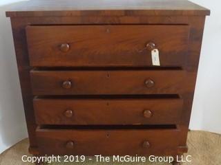 Furniture: Vintage: Antique: 4-Drawer Flame Veneer Chest with Bun Feet; 45W x 20D x 45"T