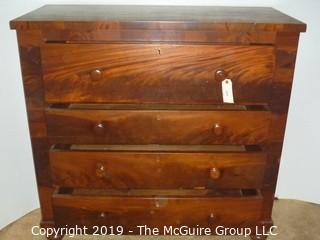 Furniture: Vintage: Antique: 4-Drawer Flame Veneer Chest with Bun Feet; 45W x 20D x 45"T