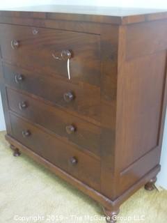 Furniture: Vintage: Antique: 4-Drawer Flame Veneer Chest with Bun Feet; 45W x 20D x 45"T