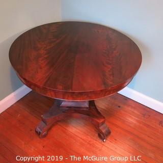 Furniture: Vintage: Antique: 36" Diameter Flame Mahogany Tilt-Top Table with Centre Column and Quatrefoil Base; 28"T 