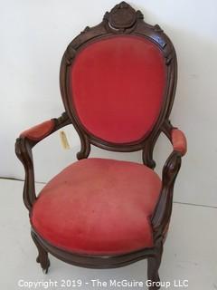 Furniture: Vintage: Antique: Eastlake Carved Camel Back Upholstered Chair Red Velvet.